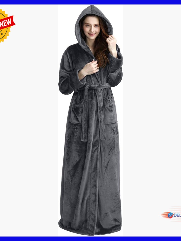 Long Hooded Fleece Bathrobe Winter Sleepwear Full Length Robe With Pockets